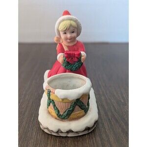VTG 1986 Christmas Girl with Wreath Candle Holder Porcelain Artist M Workman